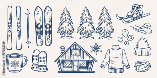 Winter sports equipment and cozy items in a hand drawn illustration