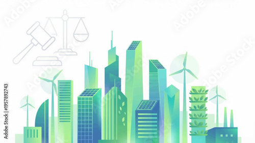 Vector eco cityscape with wind turbines and green buildings