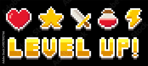 8-bit pixel art RPG game outline vector sticker set