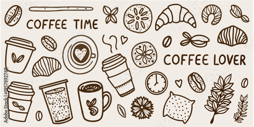 A charming illustration of coffee pastries and related decorative elements