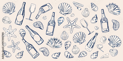 Sketch of seashells champagne bottles and wine glasses on beige background
