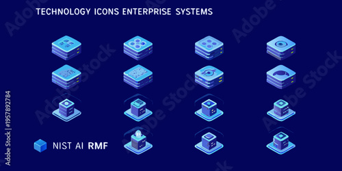 Isometric technology icons depicting enterprise systems data storage and ai