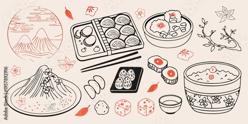 Japanese cuisine illustration featuring ramen sushi and traditional food items
