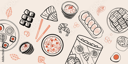 Stylized illustration of various sushi and japanese food items arranged creatively