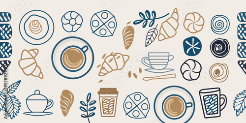 Hand drawn illustration of coffee pastries and breakfast items in a pattern