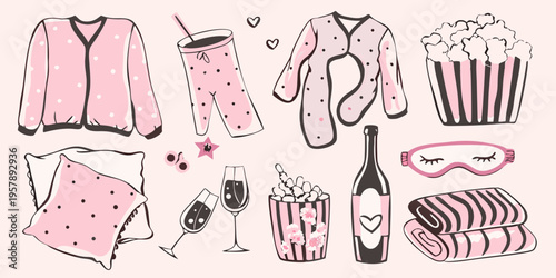 Cozy night in pajamas popcorn champagne and relaxing accessories