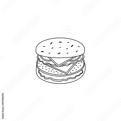 Hamburger doodle icon. Cheeseburger doodle icon. Burger hand drawn outline. Hamburger hand drawn sign. Burger doodle icon for element design. Vector illustration.