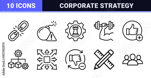 Business Strategy and SWOT Analysis Monoline Icons - Minimalist Geometric Line Art for Corporate Planning and Growth