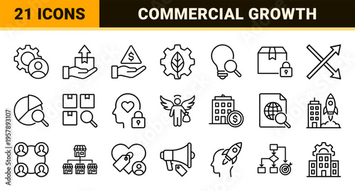 Minimalist Monoline Business Opportunity Icons for Corporate Strategy, Market Analysis, and Entrepreneurial Growth Visuals.