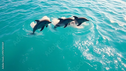 unanimity. Three dolphins leaping together in clear blue ocean water under sunlight. wildlife magazines, conservation campaigns, designed for eco-tourism storytelling, supports conservation.