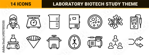 Clinical Trial and Laboratory Research Line Icons Featuring Biotechnology Biotechnology Experiments and Medical Data Analysis Monoline Aesthetics