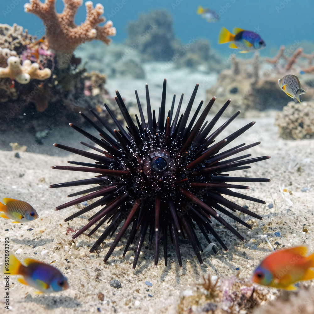 Obraz premium Watercolor Sea Urchin. Underwater Image Of A Black Sea Urchin (Arbacia Lixula) In The Aegean Sea, Off Pirgos Beach, Halkidiki, Greece