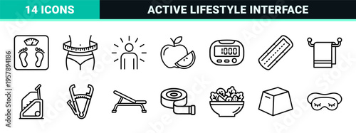 Fitness and Wellness Tracking App UI Elements featuring Minimalist Monoline Geometric Line Art for Health Monitoring and Gym Training