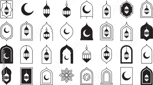Islamic architecture and Ramadan symbols collection with lanterns and crescent moons