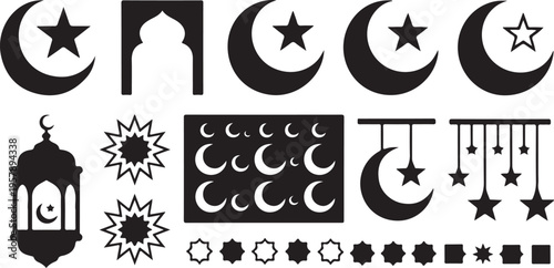 Islamic crescent moon and star symbols for Ramadan or Eid celebrations