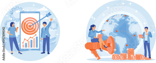 Global business team collaborating with digital analytics and financial growth