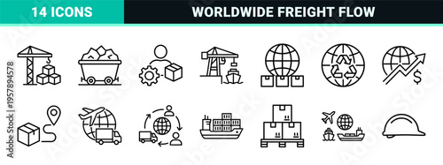 International Trading and Global Logistics Monoline Icons, Minimalist Geometric Line Art for Supply Chain and Maritime Cargo Management