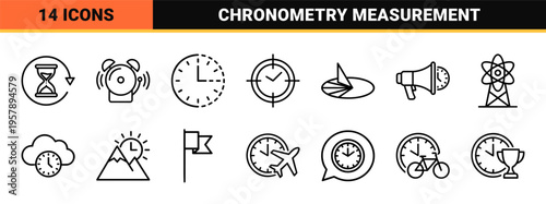 Time Management and Chronometry Minimalist Monoline Icon Set Featuring Clocks Stopwatches and Hourglasses in Geometric Line Art Style