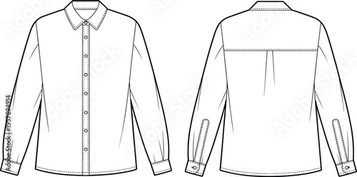 Black and white line of a long sleeved shirt front and back view with buttons and pocket line shirt