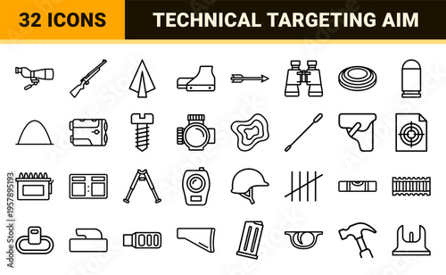 Precision Targeting and Ballistic Optics Marksmanship Icon Set featuring Minimalist Monoline Geometric Outlines for Technical Design