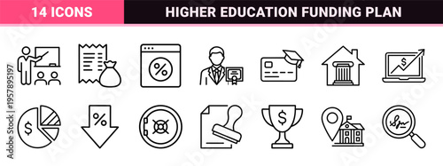 Student Loan Management and Academic Finance Minimalist Monoline Icons for Higher Education Funding and Debt Repayment Tracking.
