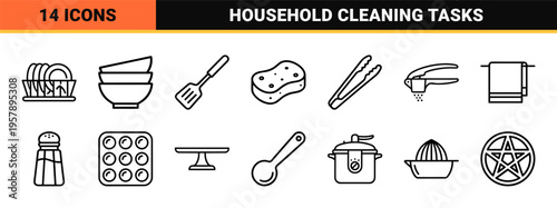 Minimalist monoline kitchenware and dishwashing line art symbols for domestic chores and culinary equipment utility interface design.