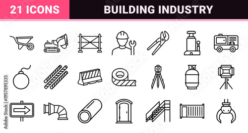 Heavy Construction and Civil Engineering Minimalist Monoline Icon Set featuring Machinery, Industrial Tools, and Building Site Equipment.