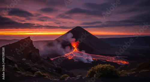 Volcano erupting lava at sunset in a dramatic mountain landscape