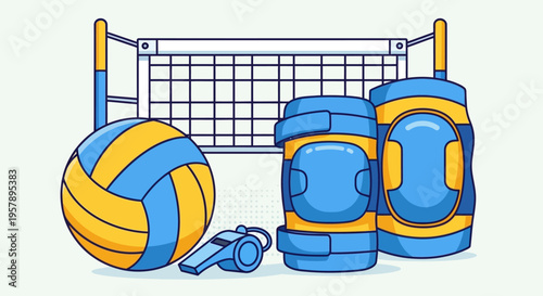 Volleyball equipment set with net, ball, pads and whistle
