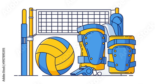 Volleyball equipment set with ball, net, pads, and whistle