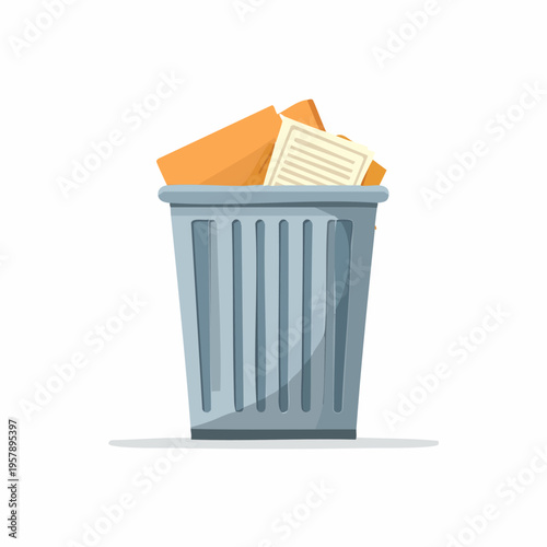 Wastebasket full of discarded papers and envelopes