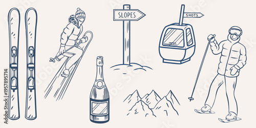 Sketch of skiers ski equipment and mountain scenery in blue lines