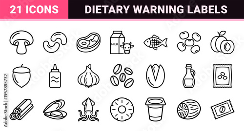 Food Allergens and Dietary Intolerance Minimalist Monoline Icon Set, Geometric Line Art for Packaging, Menu, and Clinical Nutrition Labels