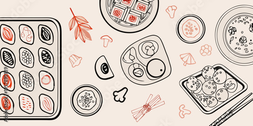An overhead view of various japanese dishes arranged on a beige background