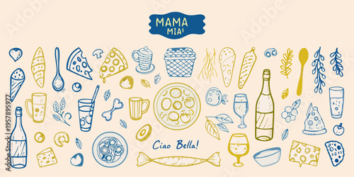 Hand drawn illustration of italian food drinks and decorative elements