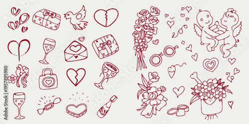 A collection of hand drawn romantic elements for valentine s day