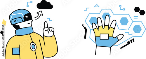 Futuristic technician interacting with advanced cloud-based robotic hand technology