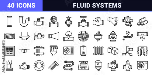 Industrial Pipeline and Plumbing Engineering System Minimalist Monoline Geometric Line Art Outline Icons for Fluid Infrastructure Design