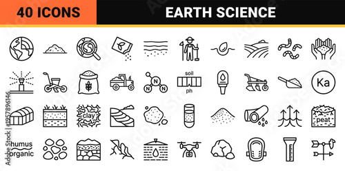 Soil Science and Agronomy Geometric Outline Icons featuring Earth Layers, Farming Tools, Laboratory Research, and Sustainable Agriculture Symbols.