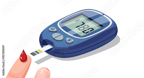 Blood glucose meter displaying a reading with a finger prick sample