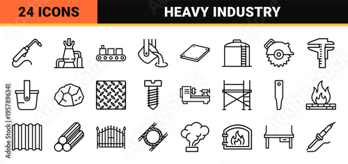 Heavy Industry and Steel Production Monoline Icon Set Featuring Metallurgy Manufacturing and Metalworking Equipment in Ultra Minimalist Style