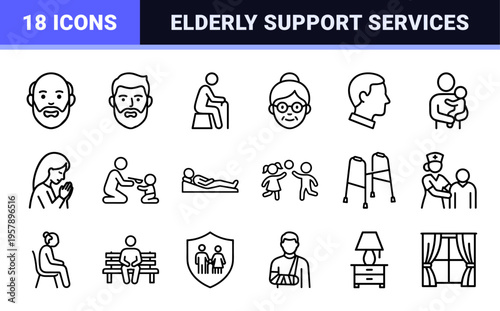 Geriatric Care and Senior Living Line Art Icons with Minimalist Monoline Aesthetic for Healthcare Apps and Nursing Home Signage