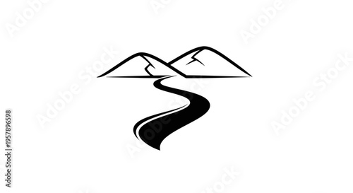 Winding road path leading to two mountains icon