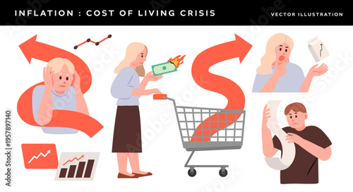 Consumer price inflation concept with rising arrow and shocked people