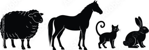 Black silhouette collection of farm and domestic animals including sheep horse cat and rabbit isolated vector illustration for livestock, pet, rural, and graphic design use