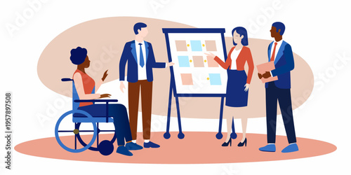 Diverse team collaborating on a project presented on a storyboard