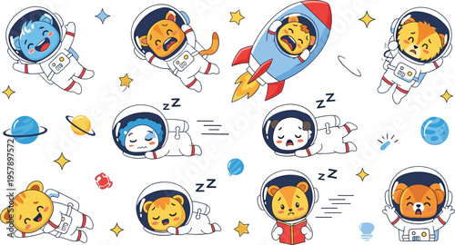 Cute tiger astronauts vector set with sleeping, flying, reading and rocket scenes, space exploration cartoon characters illustration collection