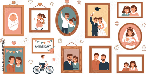 Family photo frames vector set with memories, wedding, baby, anniversary and love moments, nostalgic picture gallery illustration collection