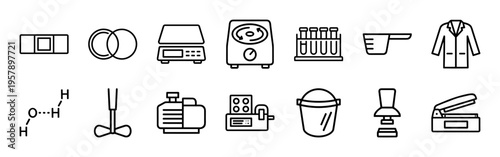 Pharmaceutical Manufacturing and Medical Laboratory Science Minimalist Monoline Geometric Outline Symbols for Industrial Biotech Production