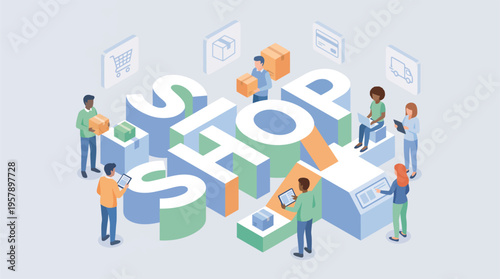 People working together in a shop with boxes and screens around them